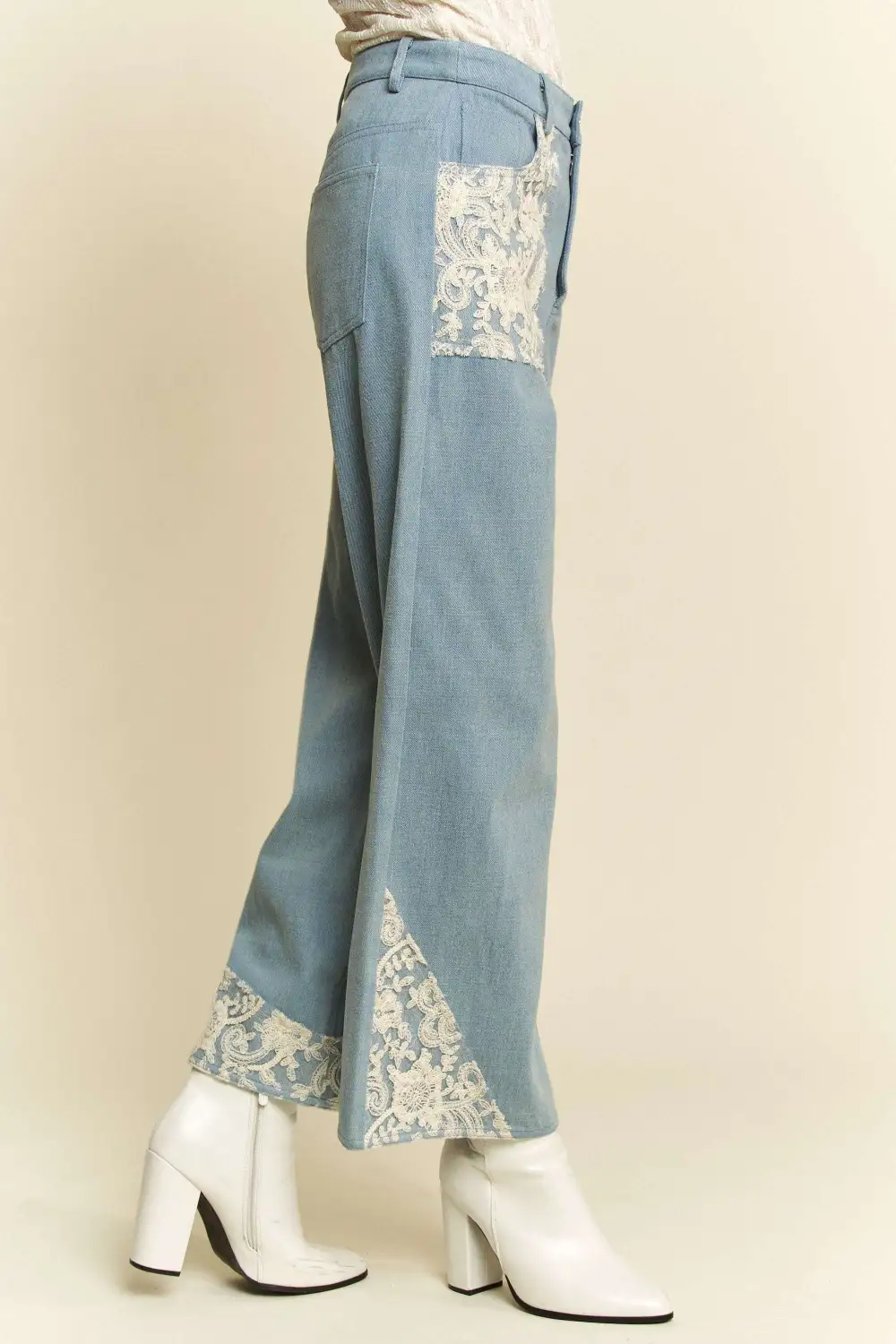 Lace Applique Wide Leg Denim Jeans