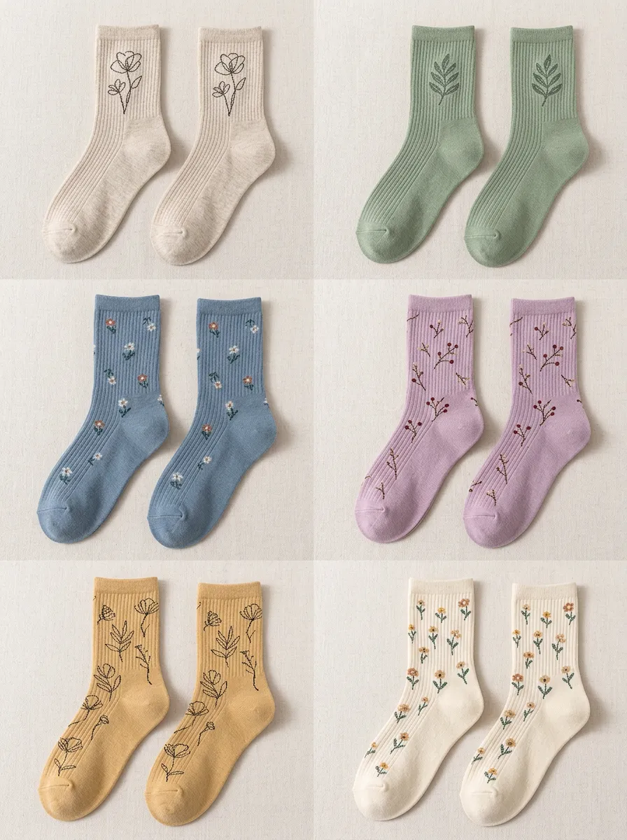 Women's Floral Embroidered Ribbed Crew Socks Six Pair Set