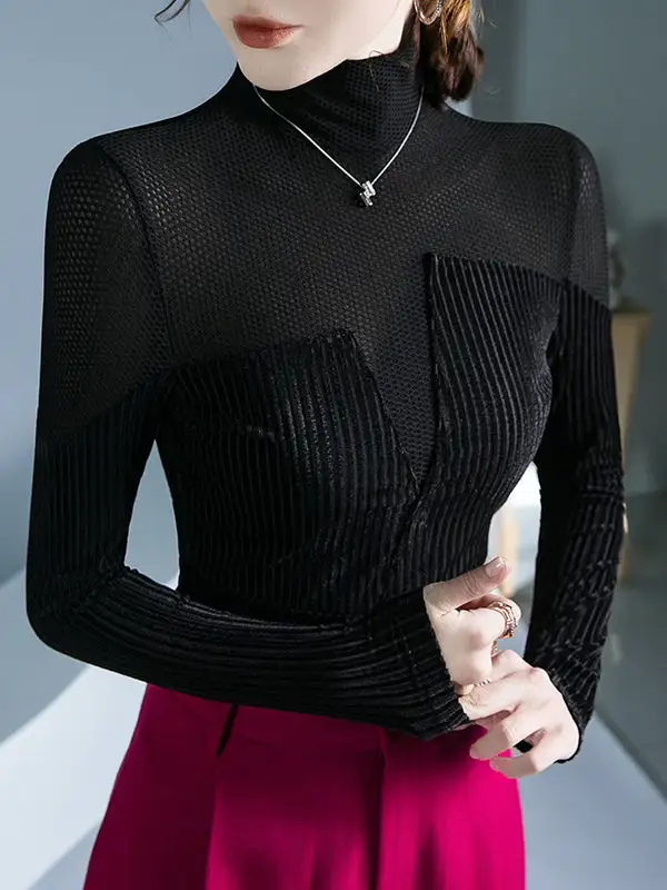 Long Sleeve Slim Fit Contrast Panel Detail High Neck T-Shirt