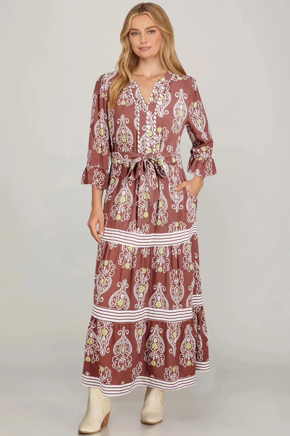 Floral Striped Tie Waist Maxi Dress