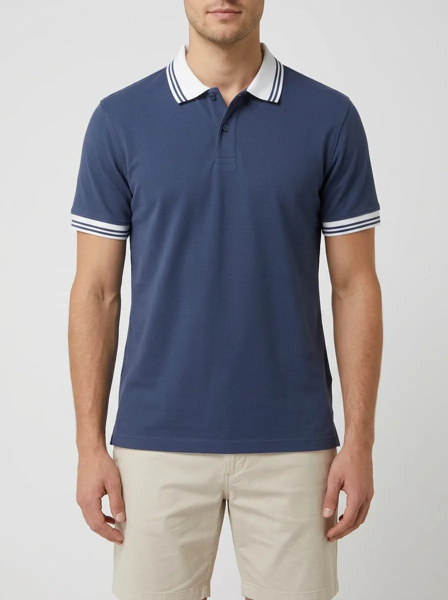 Men's Navy Blue Contrast-Stripe Collar Polo Shirt