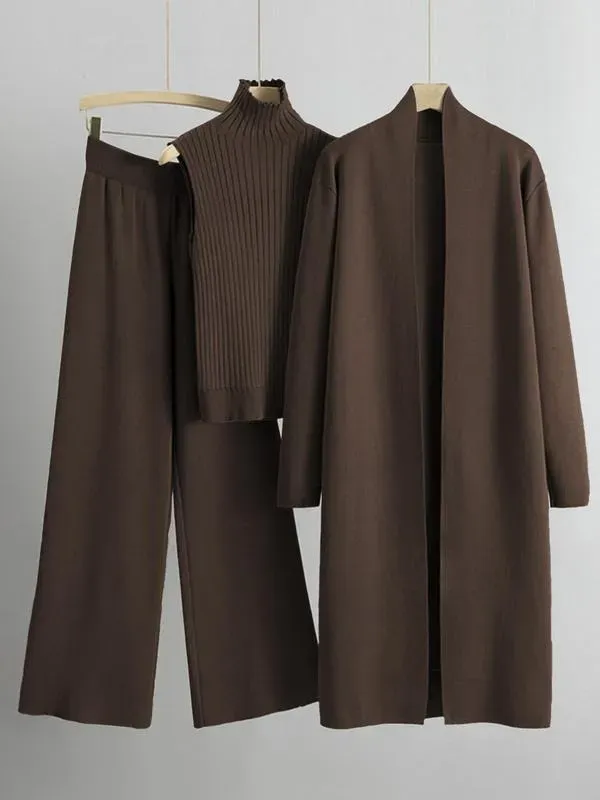 Trendy Knit Turtle Neck Tank & Wide Leg Trousers With Open-Front Long Cardigan Three-Piece Sets