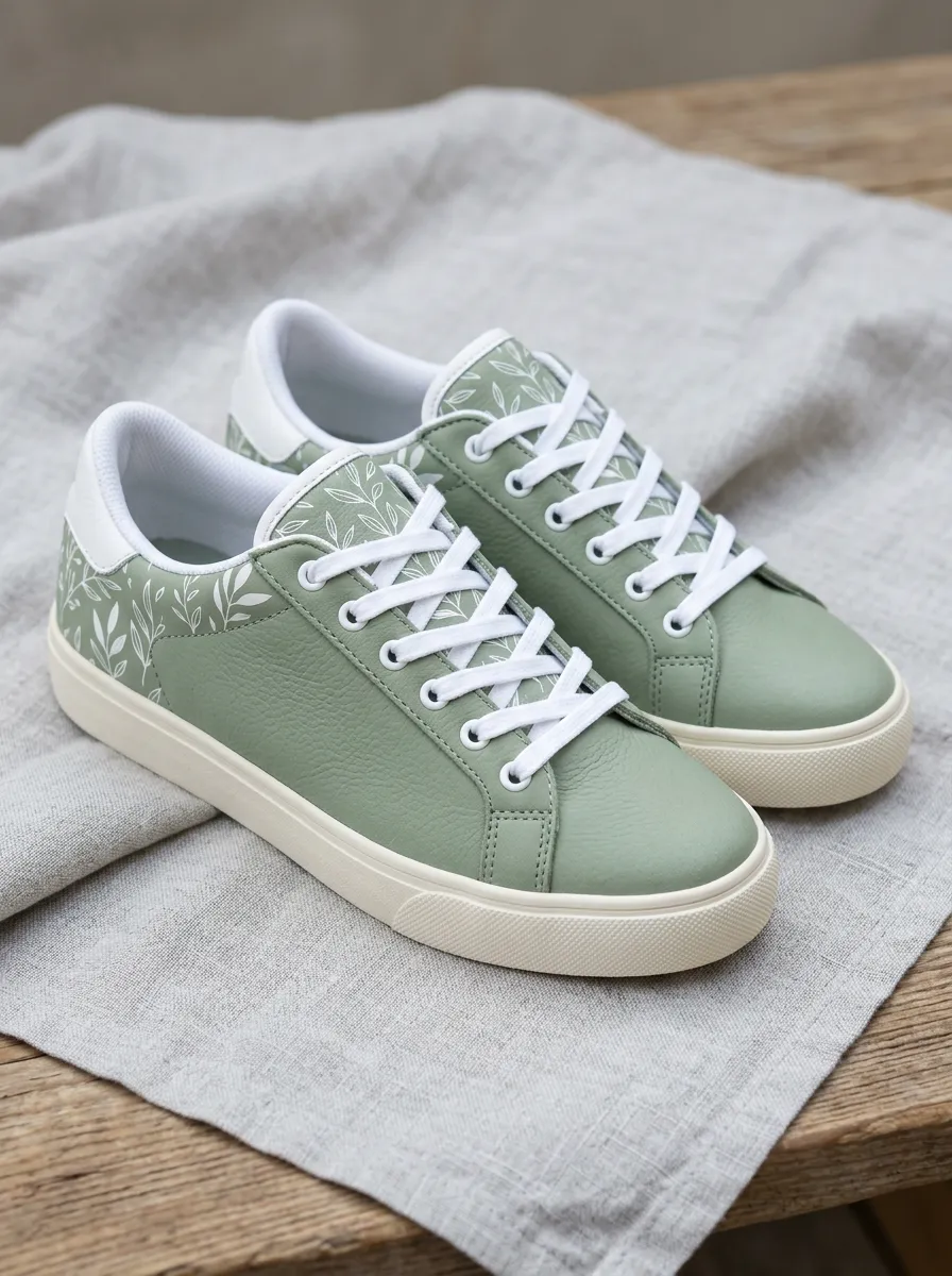 Women's Botanical Sage Green Leaf Printed Sneakers