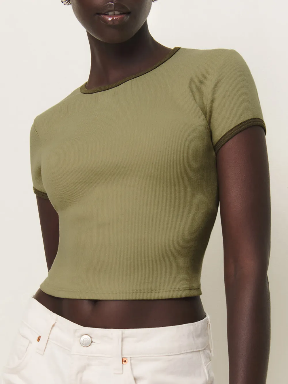 Ribbed Trim Cropped Knit Tee