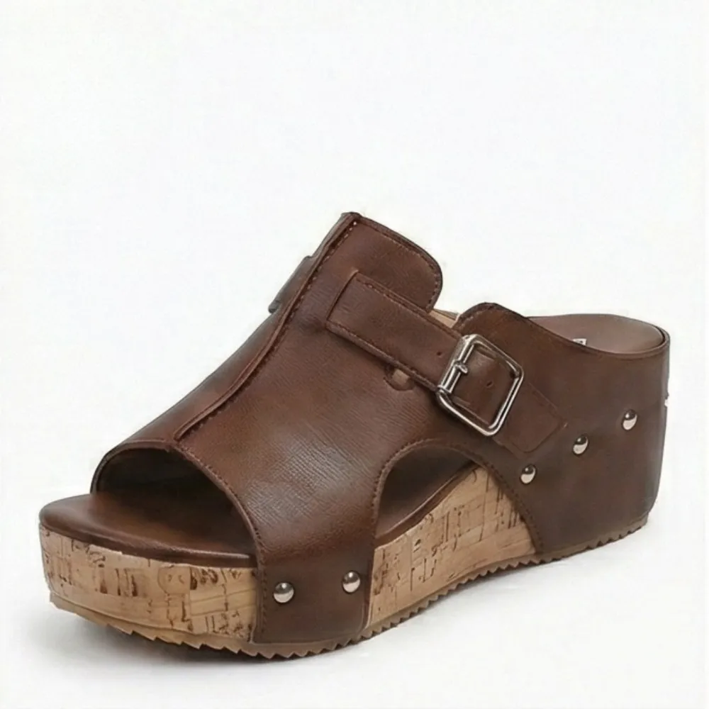 Retro Cork Wedge Sandals with Rivet Detail