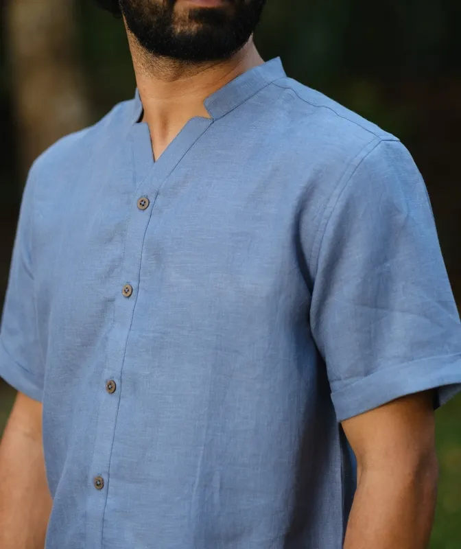 Blue Relaxed Linen V-Neck Shirt