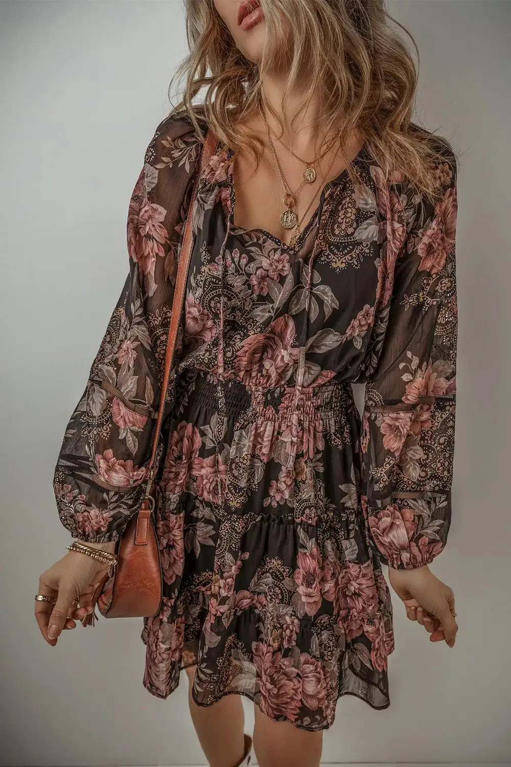Textured Detail Floral Printed Mini Dress