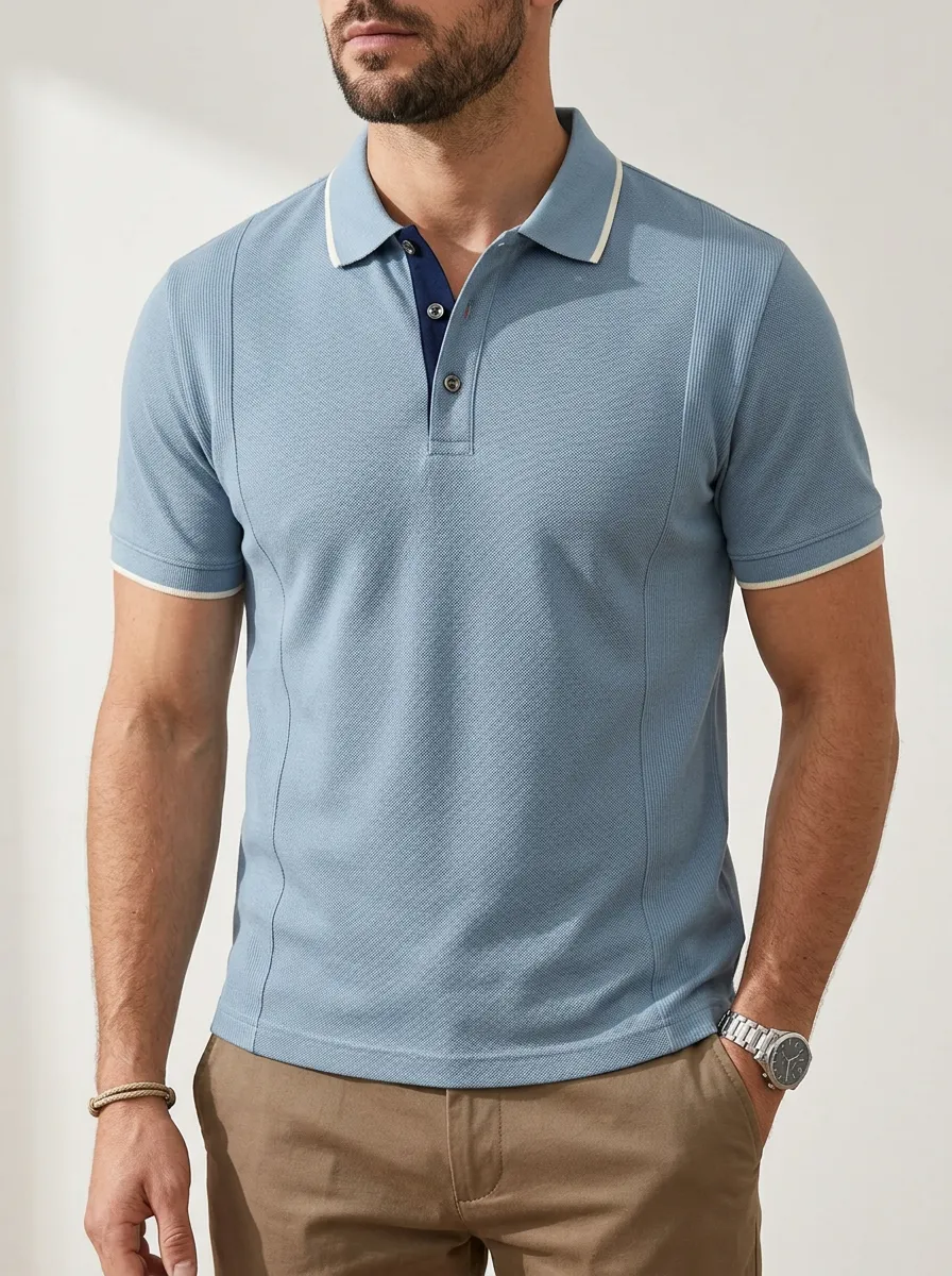 Men's Knit Ribbed Textured Contrast-Trim Polo Shirt