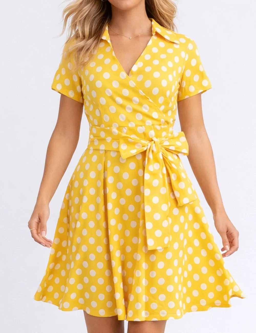 Chic Bow Polka Dot Short Sleeves Midi Dress
