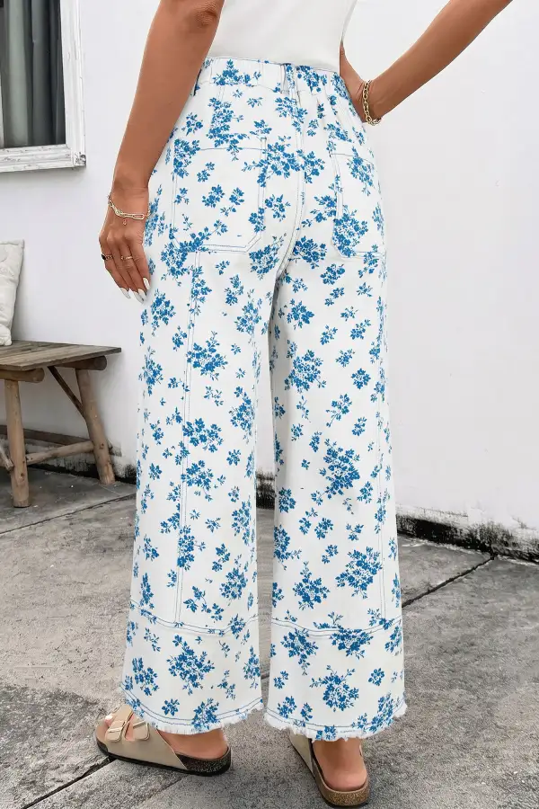 Tie-Waist Floral-Print Straight Leg Jeans