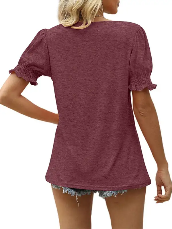 V-Neck Collared Short-Sleeve Puff-Sleeve T-Shirt
