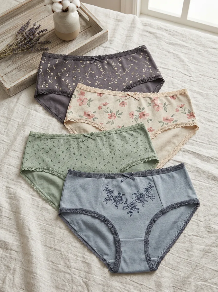 Women's Lace Trim Floral Printed 4-Piece Panty Set