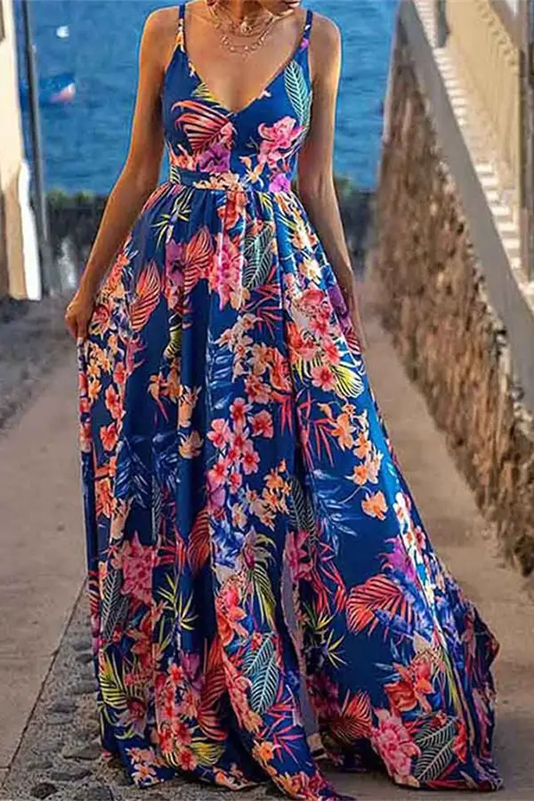 V-Neck Print Sling Vacation Slit Swing Maxi Dress