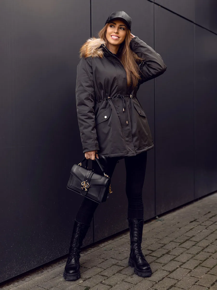 Khaki women's winter parka jacket with hood