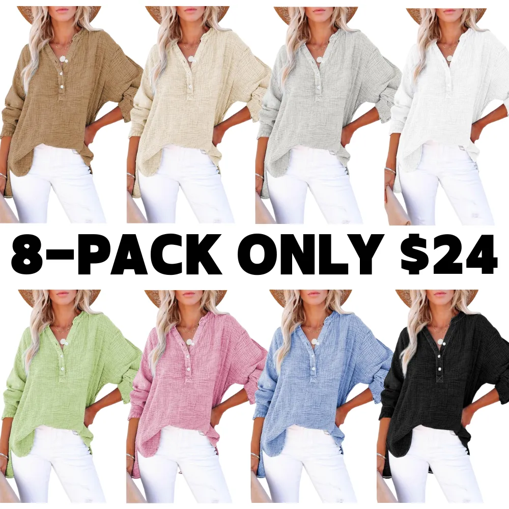 Women's Casual Button V Neck Long Sleeve Shirts Oversized Solid Blouses Tops 100% Cotton