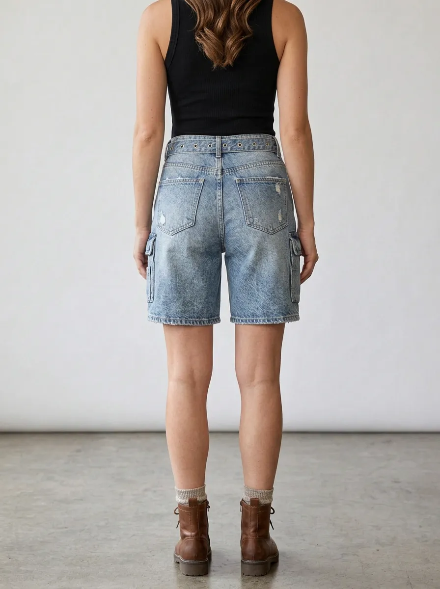 Women's Vintage Wash Asymmetric Button Cargo Denim Shorts