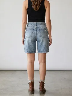 Women's Vintage Wash Asymmetric Button Cargo Denim Shorts