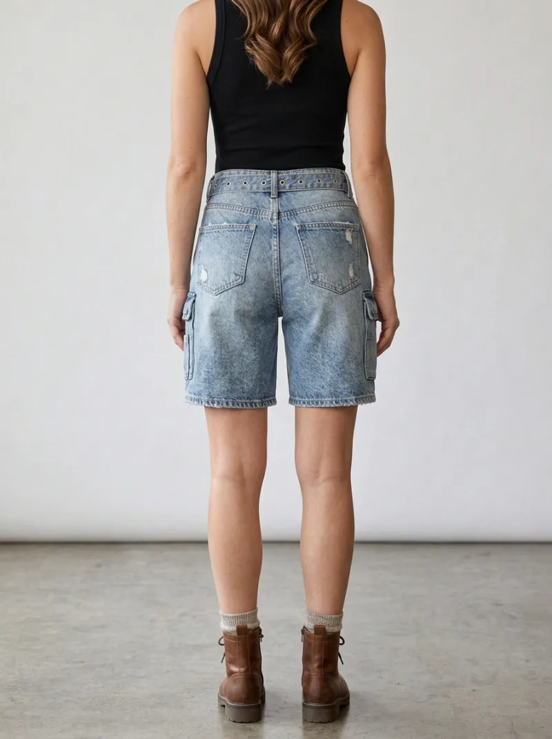Women's Vintage Wash Asymmetric Button Cargo Denim Shorts