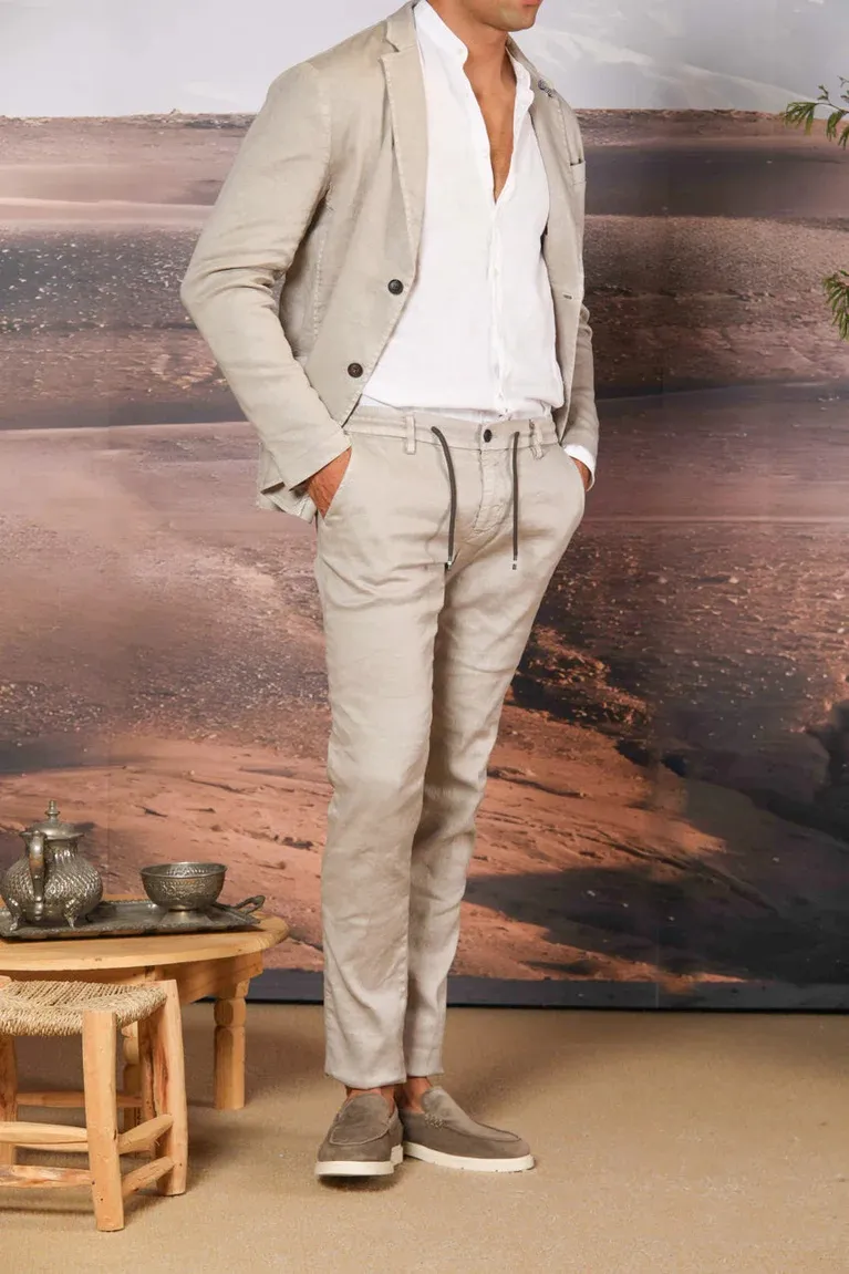 Men's Light Beige Cotton and Linen Twill Elastic Waist Slim Fit Trousers