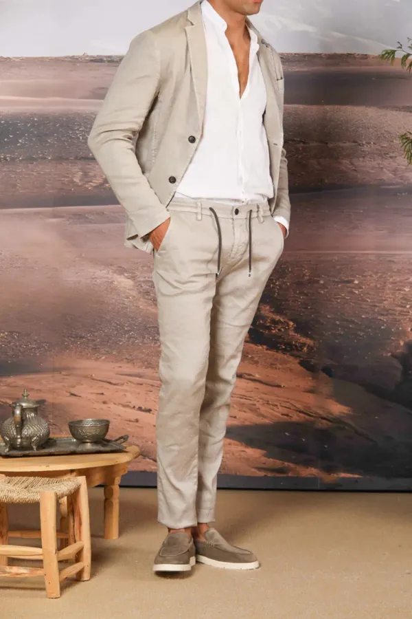 Men's Light Beige Cotton and Linen Twill Elastic Waist Slim Fit Trousers