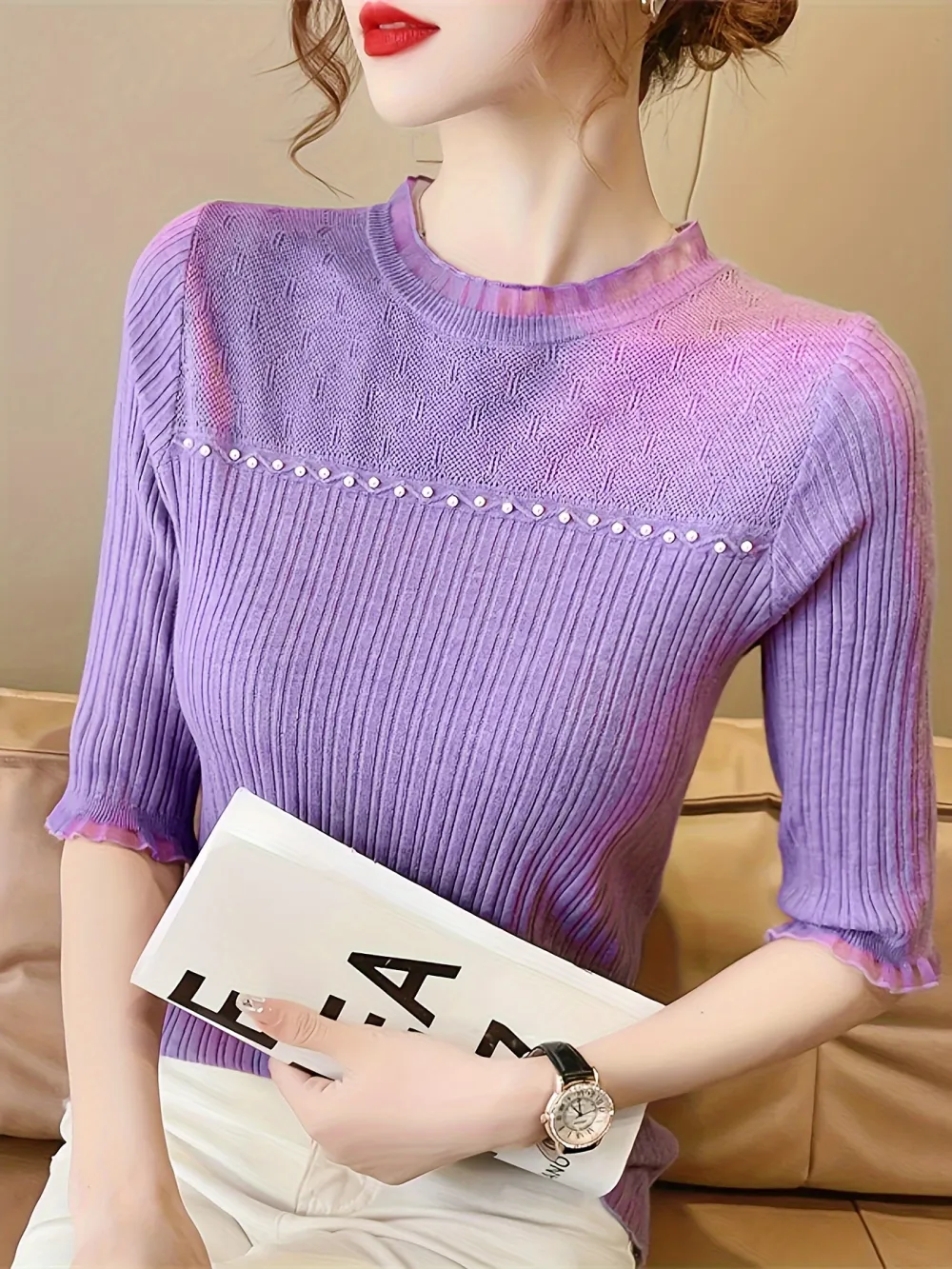 Beaded Lace Trin Knitted Top Casual Short