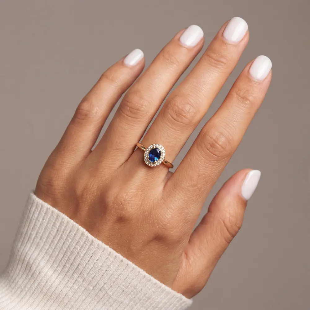 Simulated Sapphire Oval Halo Ring