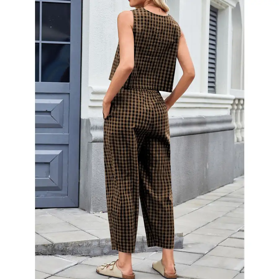 Lovelet Plaid Round Neck Sleeveless Top and Pants Set