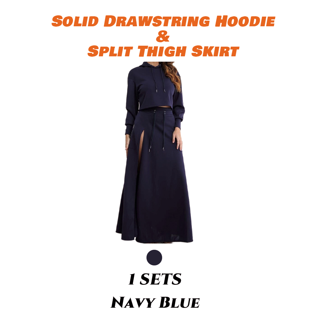 Women'S Solid Drawstring Hoodie & Split Thigh Skirt Set, Long Sleeve Top & Pocket Long Skirt, Casual Fashion Cozy Co-Ord Set, Women Clothes
