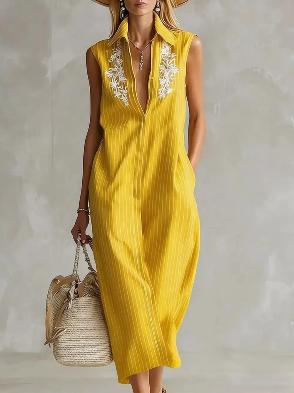 Striped Sleeveless Collared Neck Shirt Dress