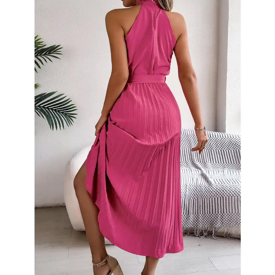 Pleated Tie Waist Sleeveless Midi Dress