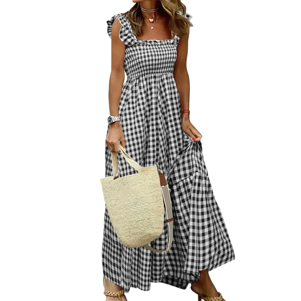 Women's Retro Plaid Smocked Dress