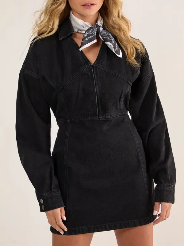 Women's Black Waist-Cinched Denim Shirt Dress