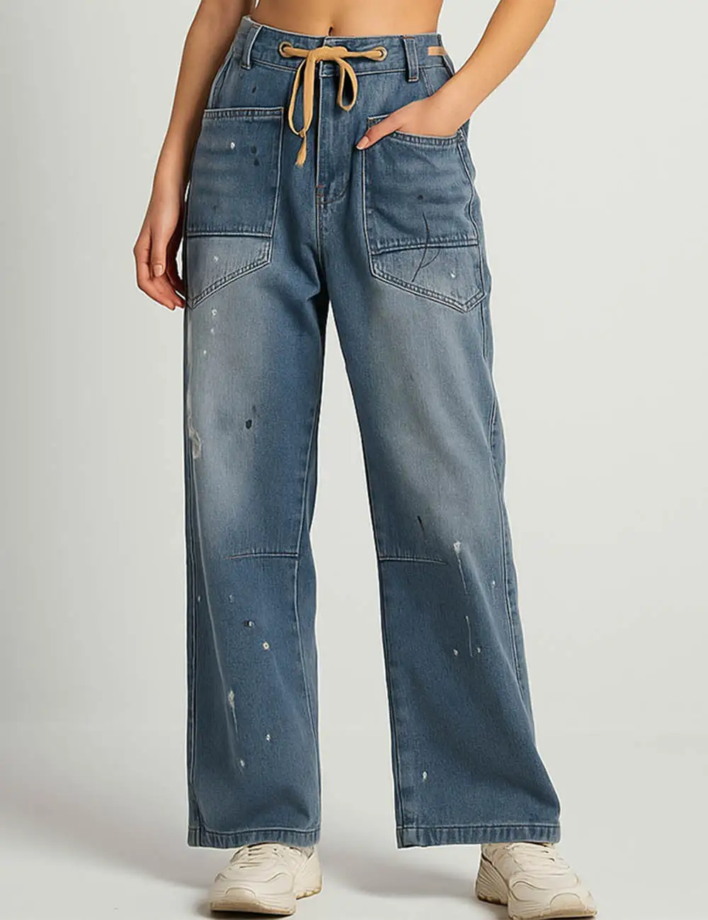 Paint Splatter Print Jeans Drawstring Barrel Leg Denim Pants