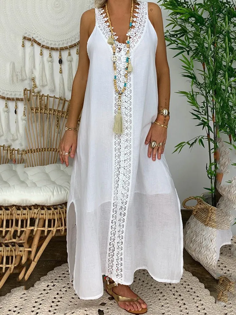 Women's Dresses Casual V-Neck Lace Panel Sleeveless Dress