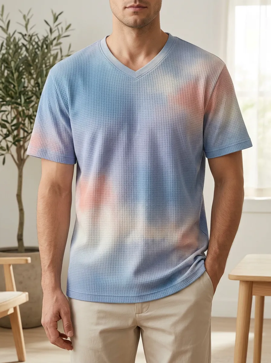 Men's Everyday Casual Tie-Dye Waffle Knit V-Neck T-Shirt