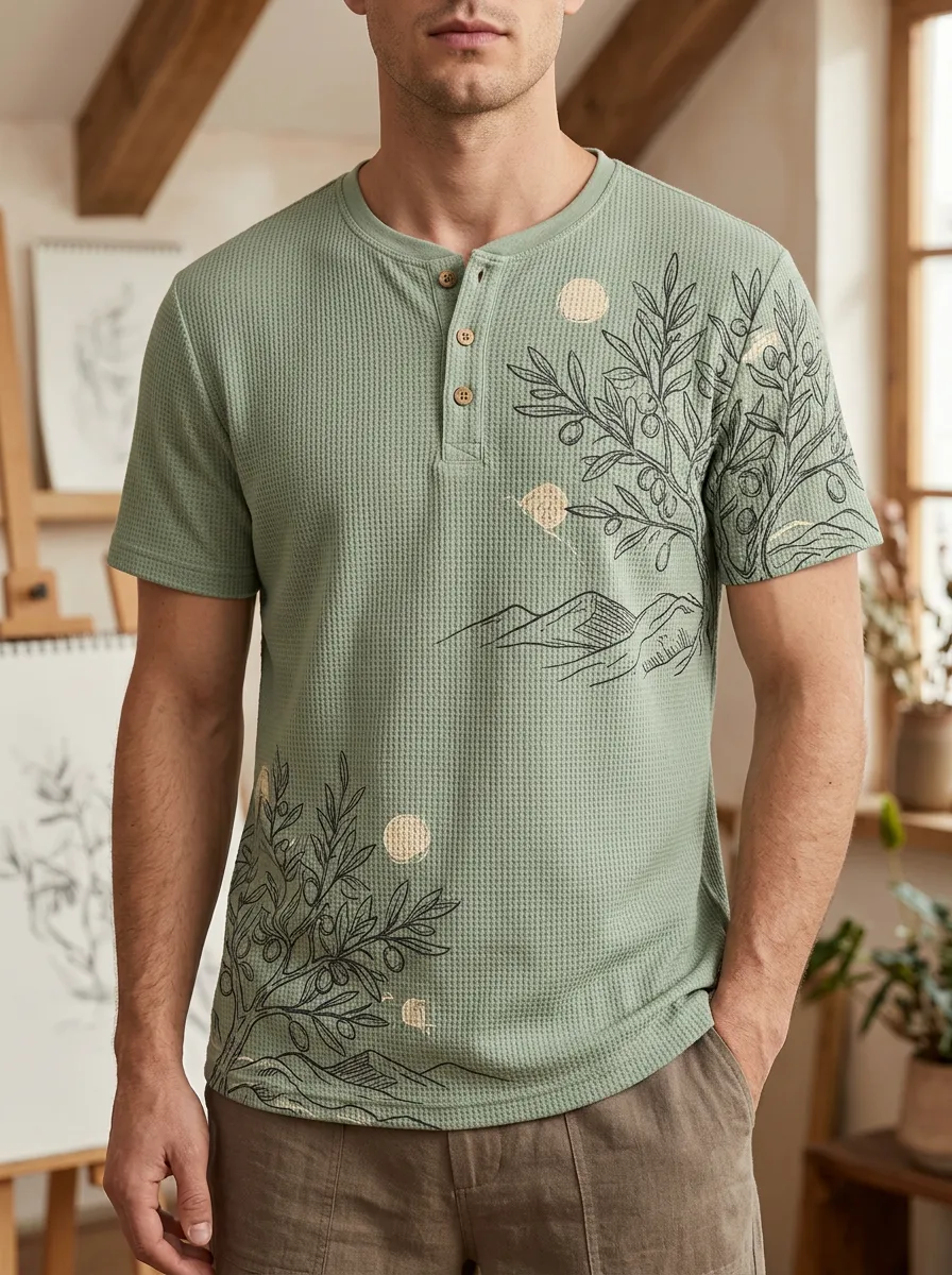 Men's Olive Tree Landscape Printed Waffle Henley T-shirt
