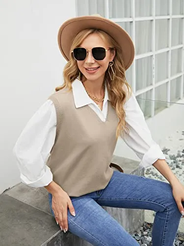 Sweater Vest Womens Knitted Oversized V Neck Sleeveless Sweater Knitwear Tank Tops with Pocket (S-3XL)