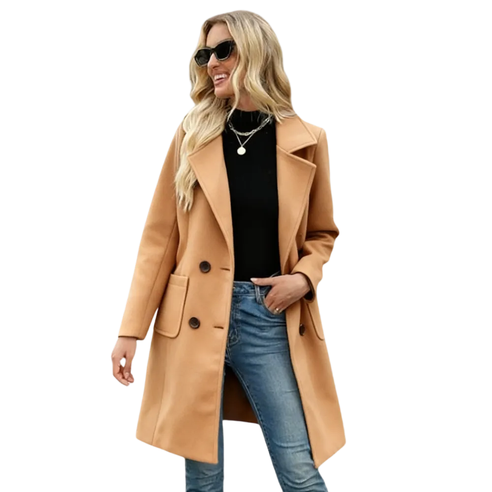 Women‘s Winter Wool Blend Camel Mid-Long Coat