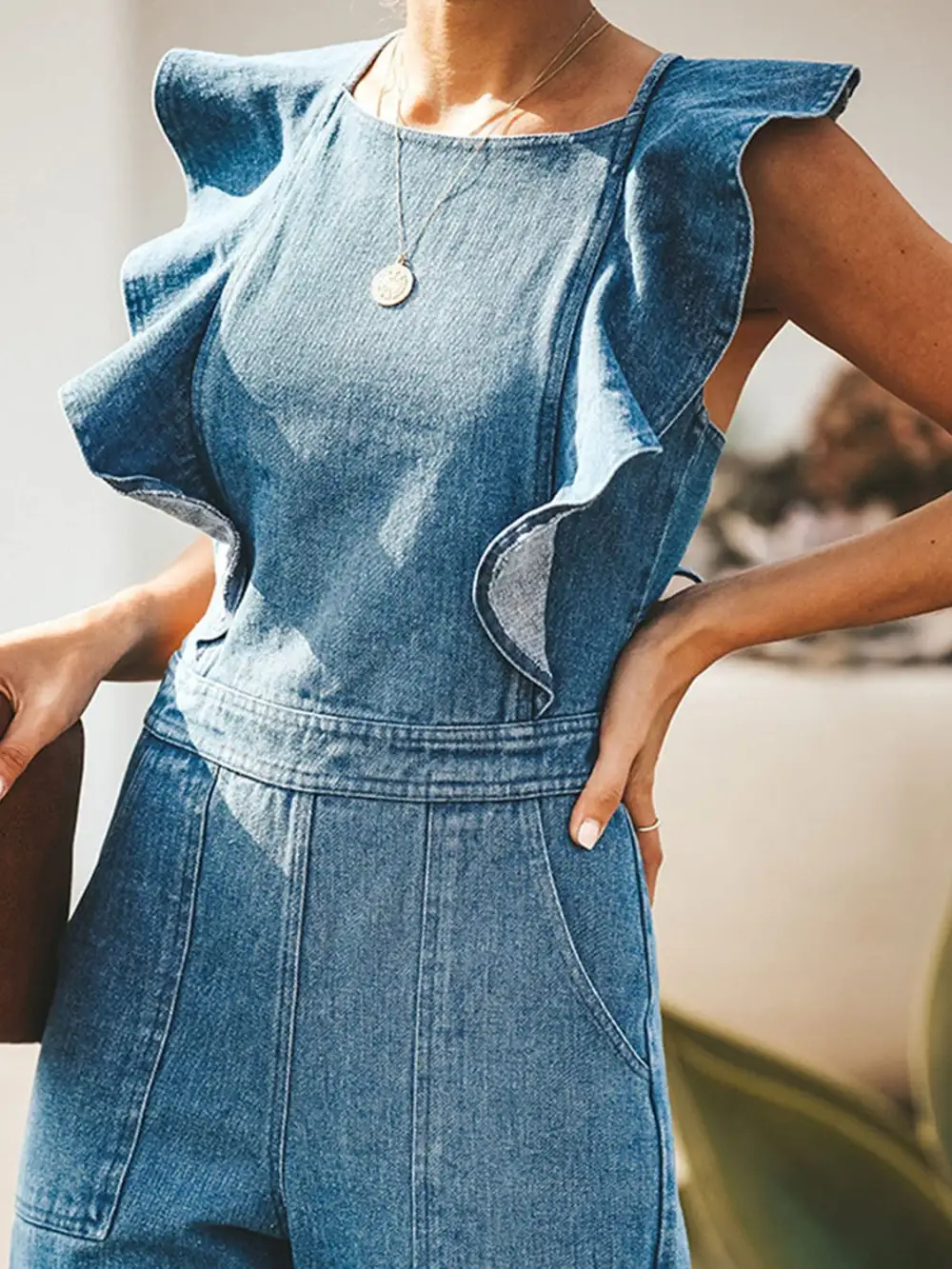 Ruffled Backless Sleeveless Jumpsuit Denim Pants