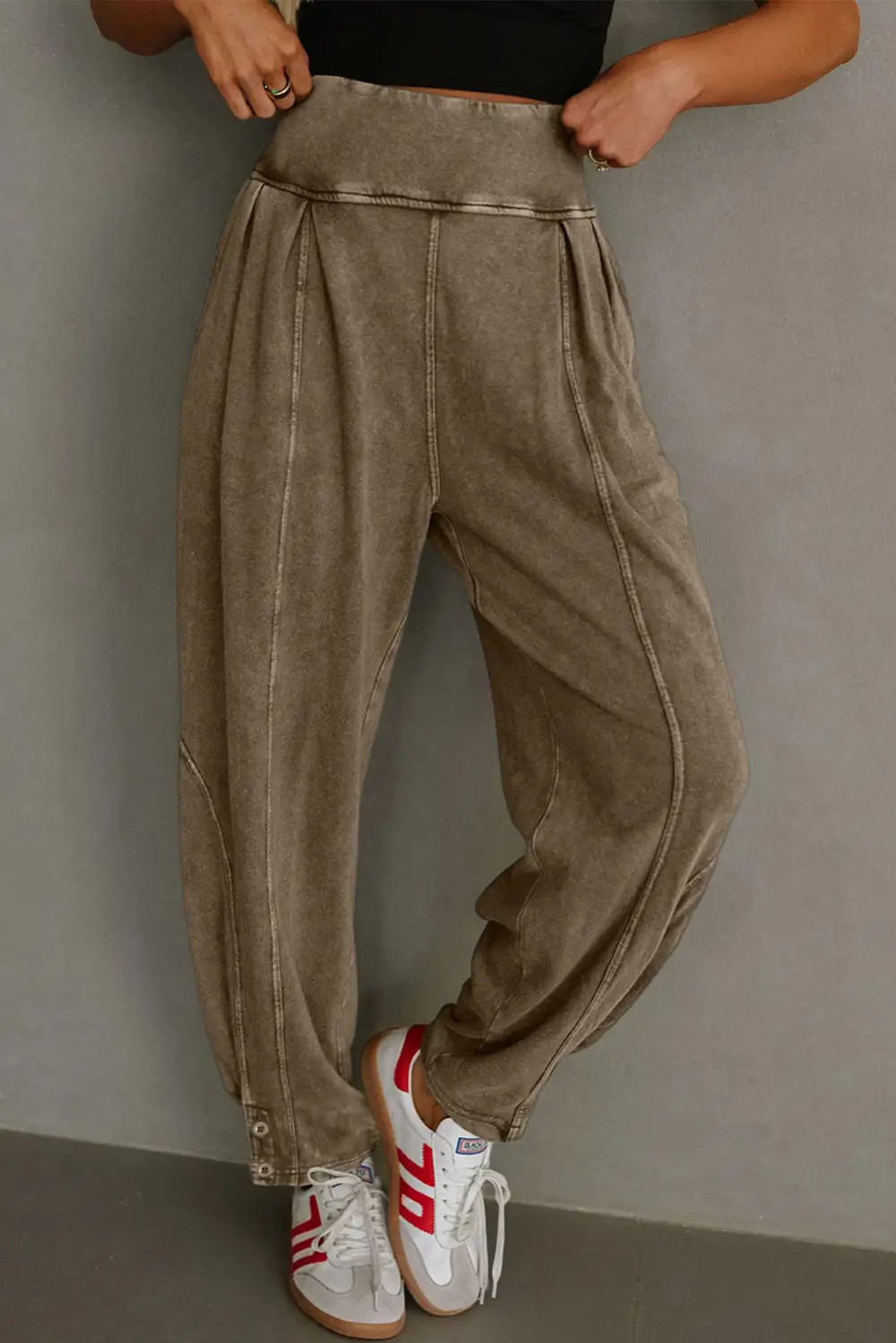 High-Waist High-Rise Relaxed-Fit Smocked-Waist Jogger Pants