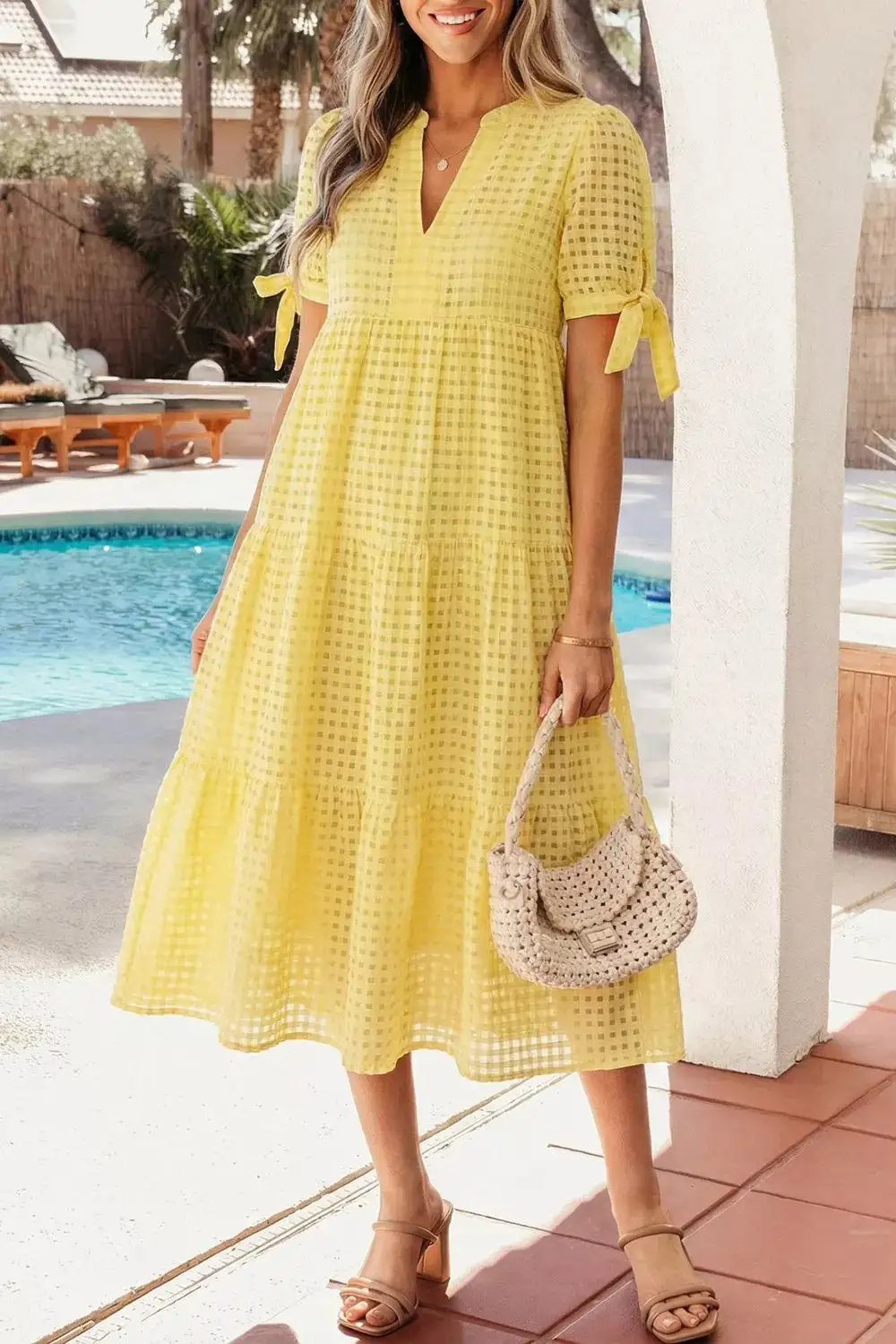 Plaid Tiered Short Sleeve Midi Dress