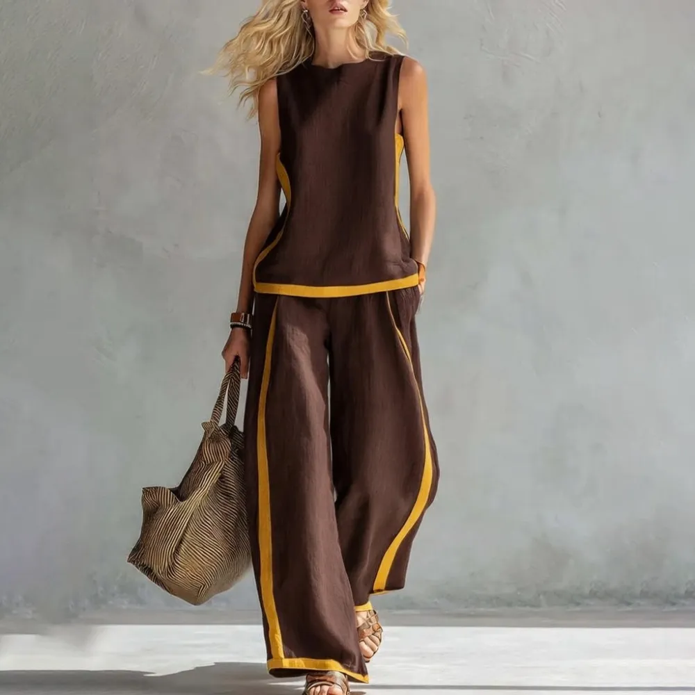 Linen Blend 2-Piece Set for Women Sleeveless Color Block Top Wide Leg Pants Set