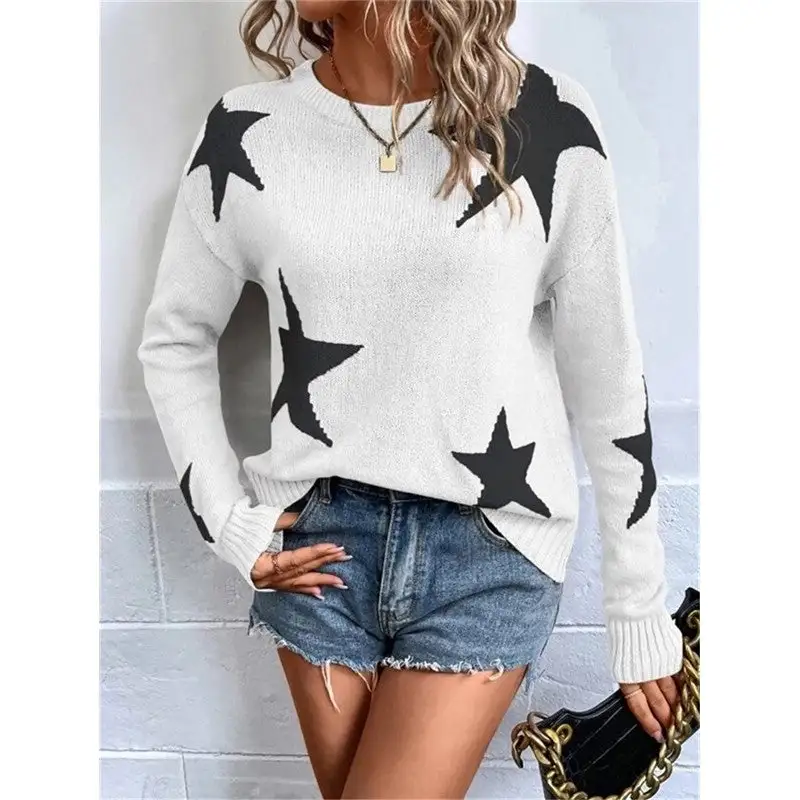 Women's Knit Star-Motif Round-Neck Relaxed Sweater