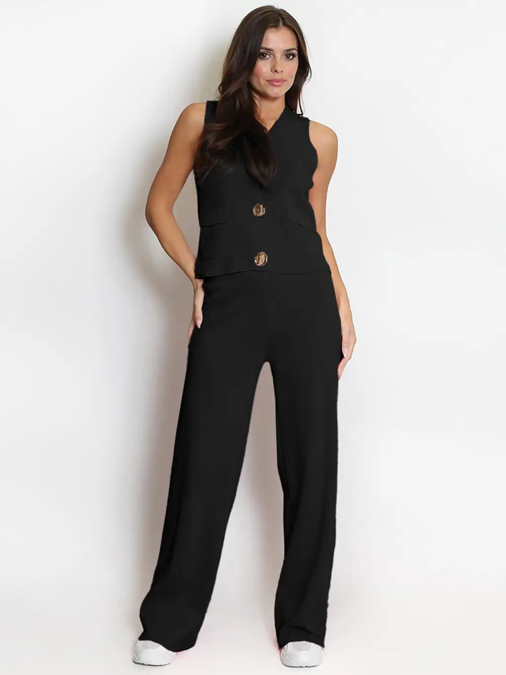 Women's Elegant V Neck Gold-Toned Button Decor Tank Top & Wide Leg Trousers Co-ord