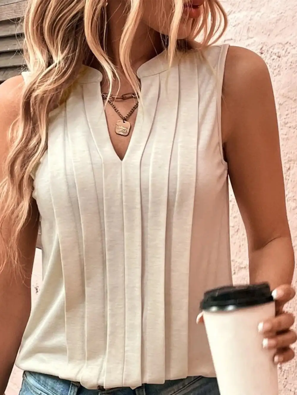 Slim Fit Pleats Sleeveless V-Neck Top