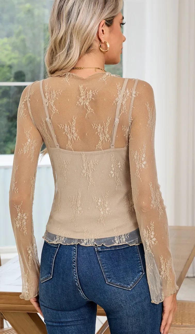 Mesh Crochet Long Sleeve Blouse