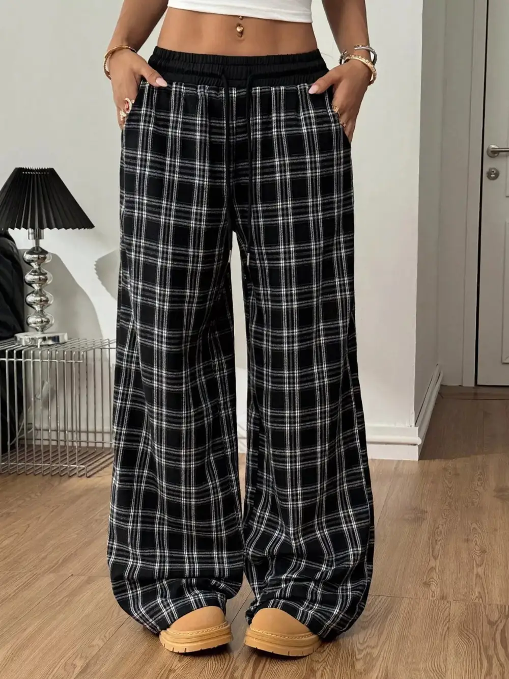 Wide Leg Elastic Waist Plaid Drawstring Pants