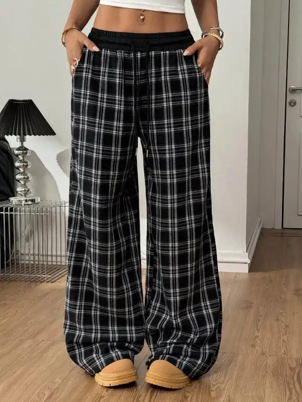 Wide Leg Elastic Waist Plaid Drawstring Pants