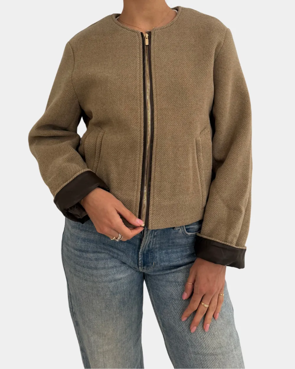Leather Trim Zip Front Jacket