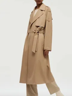 Worsted Wool Lapel Women Trench Coat With Belt